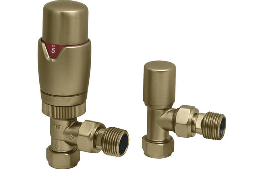 Round Thermostatic Brushed Brass Radiator Valves